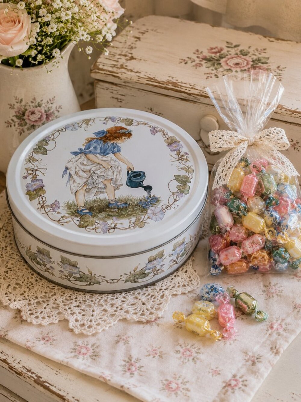 Vintage Tin Swiss Artist Lisi Martin Cottage Girl Floral